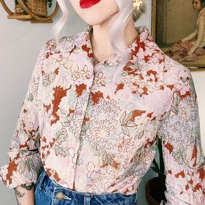 Vintage 1970s Dagger Collar Floral Blouse Sz Small